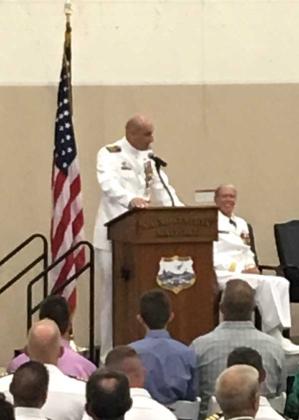 Outgoing commanding officer Capt. Wesley McCall gives a farewell speech. (photo by Chelsea Wiggs)