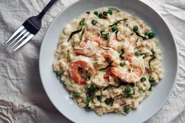 Cauliflower "Risotto" with Shrimp and Peas