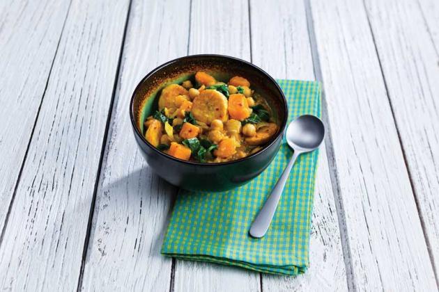 Slow cooker sweet potato, plantain and lentil Caribbean curry