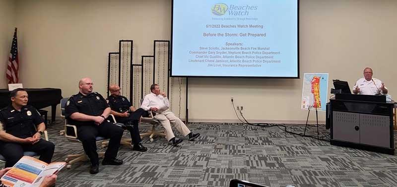 Speakers at the June 1 Beaches Watch meeting included Jacksonville Beach Fire Marshal Steve Sciotto, Cmdr. Gary Snyder of the Neptune Beach Police Department, Chief Vic Guallilo and Lt. Chase Jamison of the Atlantic Beach Police Department, and insurance representative Jim Love. (photo submitted)