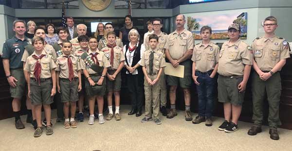 The participating Scouts in Three Beaches, One Community were Troop 15 members Sadler Revell, Donovan Rodriguez, Steven Jolly, Sam King, Jackson King, Brody Cooper, Kolbe Sexton, Rian Sexton, Nolan Beenen and Thomas Streite; Troop 37 members Pierce Kirk, Luca Vincent, Bryce Berrier and Mattia Pozzoni; and Troop 40 members Keegan O’Meallie, Preston Lineberger and Sean Hinman. They are shown with troop leaders and Atlantic Beach City Council Members. (photo submitted)