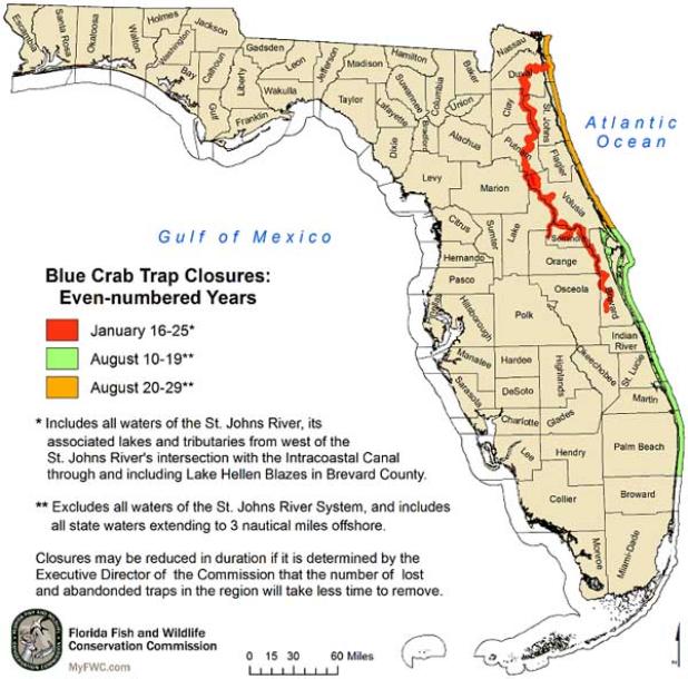 Blue crab trap closusures for even-numbered years.