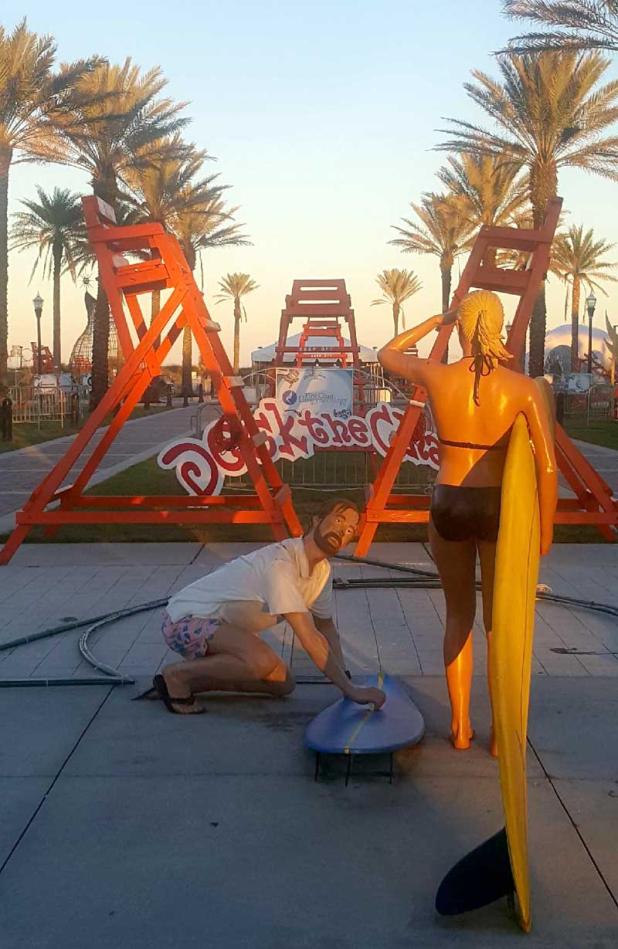 Latham Plaza filled with lifeguard chairs as organizations began construction for Deck the Chairs. (photo by Liza Mitchell)