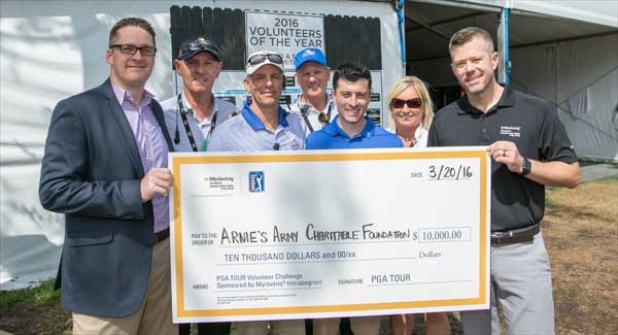 Shown are (from left) Tim Fergus, assistant director of Urology for Astellas Pharma US, Inc.; Ken Hoffman, Arnold Palmer Invitational Presented by Mastercard executive board first vice chairman; Chris Reigle, the tournament’s SHOTLink chairman; John Koniceck, an executive board member of the tournament; Alex Wulfeck; Tiffany Beasley, tournament manager; and Don Drake, area sales manager for Astellas Pharma US, Inc. (photo by Britt Runion Studios) 