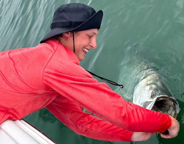 Bob’s in town from Ohio and got spoiled with a nice tarpon to kick off his new saltwater fishing addiction. He’s going to have some fish tales about prehistoric monsters and showering bait pods to bring back to the sweetwater. (photo submitted)