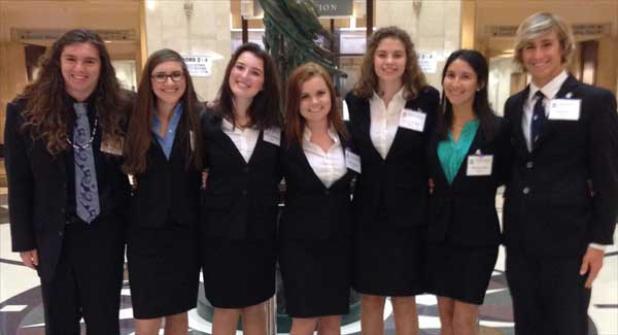 Fletcher High’s 2016 state championship law team (from left) senior Luke Kasbarian, junior Kaylee Hoffman, sophomore Sarah McWilliams, seniors Emily Shapiro, Devon Roddel and Marissa Abry, and freshman Cory Gann at the Orange County Courthouse in Orlando. (photo submitted)
