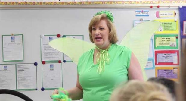 Veteran Alimacani Elementary teacher Kay Park of Atlantic Beach dons a Peter Pan-inspired costume while her third-grade students study the classic novel, "Peter and Wendy." (photo submitted)