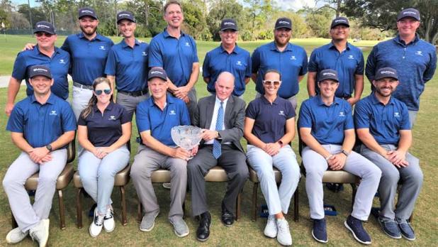 The 2023 winning Underwood Cup professional team. Tournament sponsor Clayton Bromberg of Underwood Jewelers holds the Underwood Cup with Captain Tim Peterson seated to his right. (photo submitted)