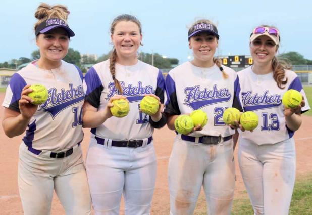 Shown are the “over the fence” FHS softball home run girls, Dacie Watterson, Emily Perry, Megan Batten and Summer DiStefano. (photo submitted)