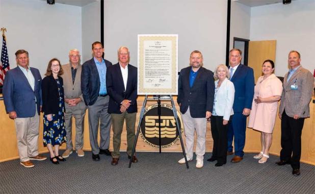 The St. Johns River Water Management District recognized July 2022 as Lakes Appreciation Month. Shown are, from left, Governing Board member Chris Peterson, District General Counsel Mary Ellen Winkler, board members Gen. Douglas Burnett, Ryan Atwood, Doug Bournique, Chairman Rob Bradley, board member Janet Price, District Executive Director Mike Register, Vice Chair Maryam Ghyabi-White and board member Cole Oliver. (photo submitted)