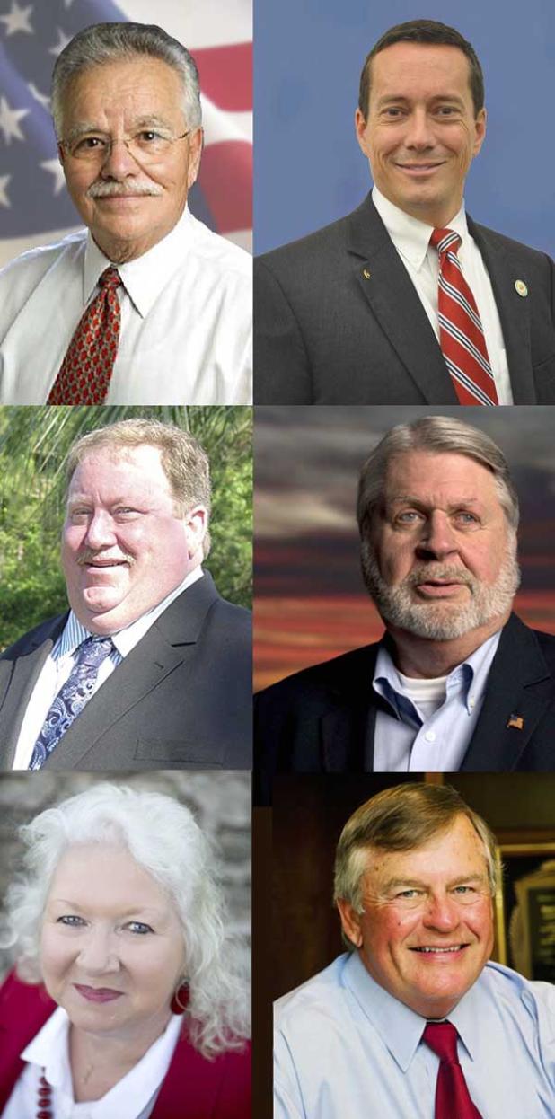 St. Johns County Commission candidates (first row, from left) Al Abbatiello, James Johns, (second row, from left) Paul Waldron, Jerry Cameron, (third row, from left) Dottie Acosta and Henry Dean.