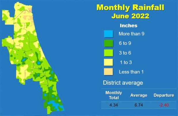 A map illustrates rainfall conditions in June across the St. Johns River Water Management District. (graphic submitted)