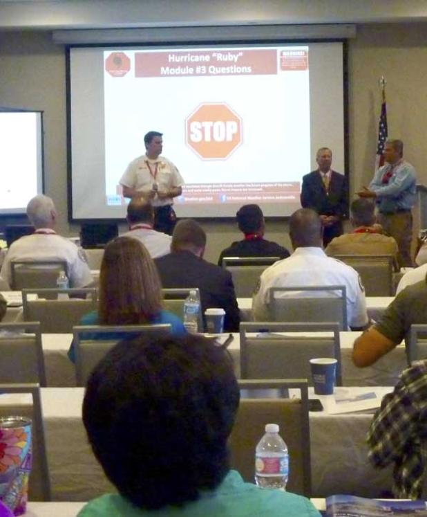 Elected officials, senior leadership and key partners from Duval and St. Johns Counties participated in a tabletop exercise to discuss regional hurricane preparedness. The meeting was held last month at the Four Points by Sheraton hotel in Jacksonville Beach. (photo by staff)