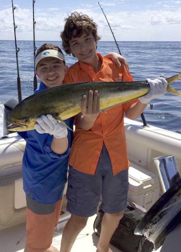 Junior anglers Nicholas Fox and Aiden Nelson with their first mahi mahi caught last week fishing out of the Mayport Inlet. (photo submitted)