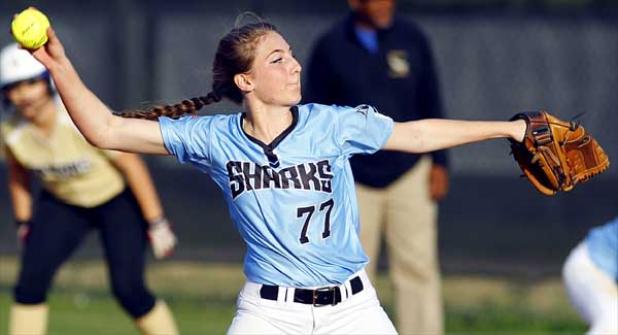 Ponte Vedra High pitcher Nicole Johnson delivers to the plate during first-inning action in a District 4-6A showdown March 15 against Menendez High at the Shark Tank. Johnson scattered five hits in a complete-game victory as the Sharks cruised to a 10-2 win. (photo by Rob DeAngelo)