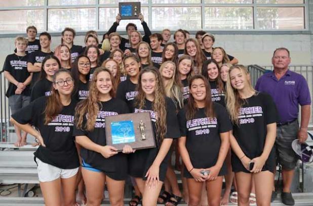 Fletcher swim team members pose with awards earned during the Gateway Conference Championship meet. The girls and boys swim/dive teams each took first-place finishes. (photo submitted)