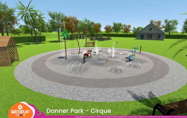 An artist's visual interpretation of the Atlantic Beach splash pad. (copyright 2022 Waterplay Solutions Corp.)