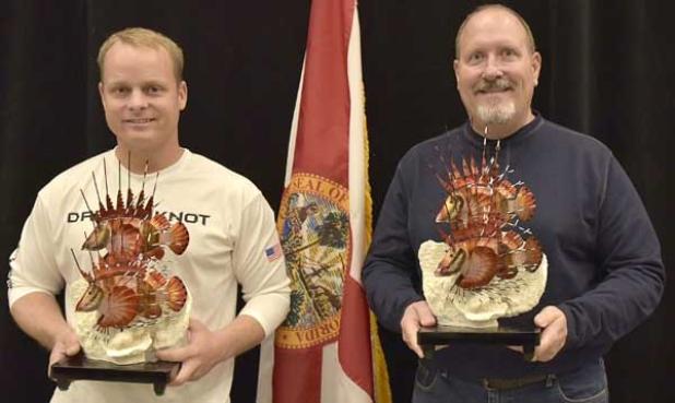 2019 Lionfish Challenge winners Commercial Champion Joshua Livingston and Recreational Lionfish King Ken Ayers, who were honored by the Florida Fish and Wildlife Conservation Commission at a meeting in Panama City Dec. 11. (photo by Avery Bristol/FWC)