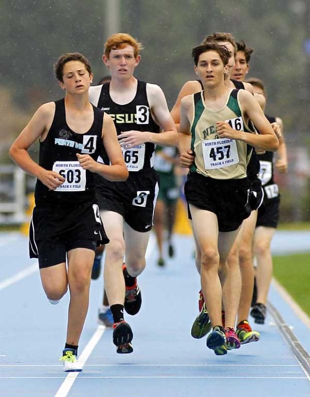 Ponte Vedra High’s Chandler Garcia, left, leads a pack of runners in the boys varsity 3,200-meter run during last Saturday’s UNF Spring Break Invitational track meet. Garcia finished in fourth place with a time of 11:28.84. (photo by Rob DeAngelo)