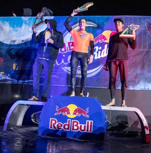 Balaram Stack, winner of the 2019 Red Bull Night Riders at the Jacksonville Beach Pier, celebrates on the winner's podium. (photo by Robert Snow/Red Bull Content Pool)