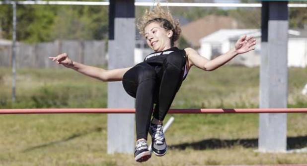 Ponte Vedra high jumper Kirsten Dietrich clears the bar during an attempt at the Providence Spring Break Invite event. Dietrich finished eighth in the event. (photo by David Rosenblum)