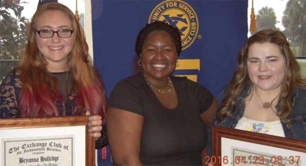 Bryanna Holledge (left) and Abigail Nelson (right) of Fletcher High School were selected by the Exchange Club of Jacksonville Beaches as the 2016 recipients of the Accepting the Challenge of Excellence (ACE) award. Pictured with the 2016 recipients is 2010 recipient, Lanasha Merrill (center). (photo submitted)
