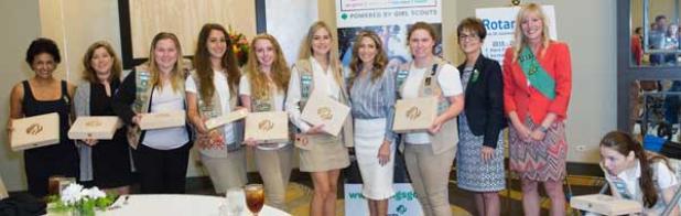 Girl Scout Gold Award Ceremony attendees (from left) Debora McCarty (parent of Daniela McCarty), Lisa Still (parent of Amelia Still), Josephine Wondracek, Rachael Conomea, Sara Kissane, Jillian Thigpen, Seven-Time Olympic Medalist Shannon Miller, Kaitlyn Sagul, Mary Anne Jacobs (CEO, Girl Scouts of Gateway Council), Traci Jenks (past president of Rotary Club of Jacksonville) and Molly Paris. (photo submitted)