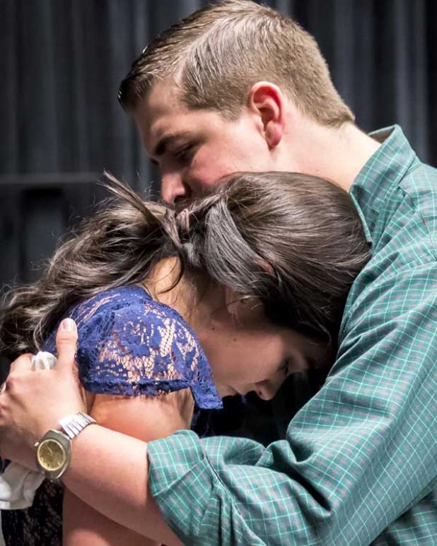 Emily Suarez and Avery Sedlacek in rehearsals for “The Shadow Box.” (photo by Cathy Jones) 
