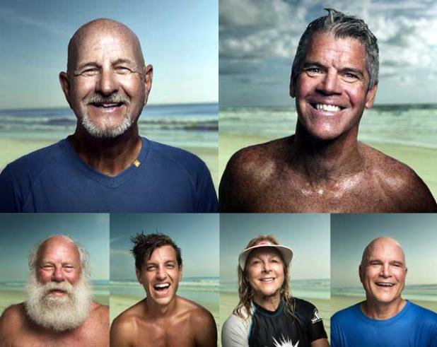 The subjects of the Salty Dog Portrait Series must meet two requirements: They must have a minimum of 25 years of surfing experience, and they must get salty before the shoot. Clockwise from top left are Jason Motes, Kurtis Loftus, Steven Dix, Nancy Seely, Matt Hite and Mike VonDolteren. (photos submitted)