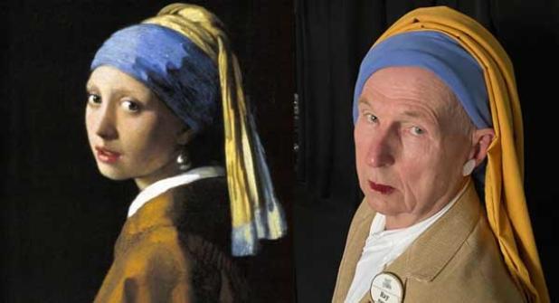 Fleet Landing resident Ray Rigney transforms into Johannes Vermeer’s classic “Girl with a Pearl Earring” as part of a recent art challenge. (photo submitted)