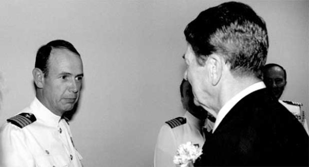John B. Mitchell Jr., a retired Navy captain now residing in Ponte Vedra Beach, greets President Ronald Reagan and First Lady Nancy Reagan in May 1987, during a national memorial service for the USS Stark at Mayport Naval Station. Mitchell was the commanding officer of the base the day the Mayport-based frigate was attacked by an Iraqi jet in the Persian Gulf. (photo submitted)