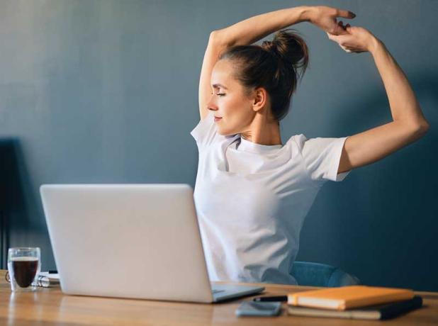 Neck, shoulder, arm and back stretches are easy ways to disengage from the computer.